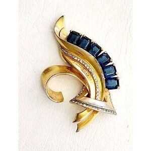 Vtg 1950s Scrolling Fur Clip Brooch Mazer Blue Crystal Gold Wash 3"